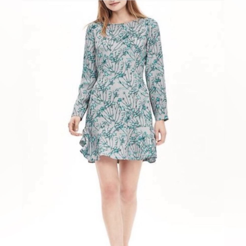 Banana Republic Teal Floral Long Sleeve Shift Dress
